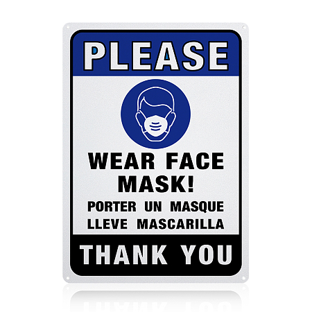 Globleland UV Protected & Waterproof Aluminum Warning Signs, Please Wear Face Mask Sign, Blue, 350x250x1mm, Hole: 4mm