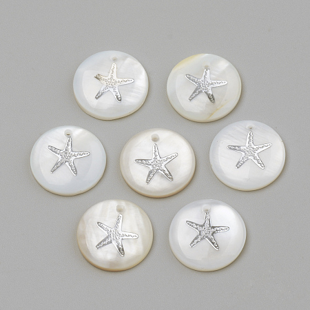 Honeyhandy Freshwater Shell Pendants, Flat Round & Starfish/Sea Stars, Platinum, 16x3.5~4mm, Hole: 1.2mm