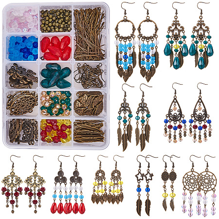 SUNNYCLUE DIY Earring Making, Alloy Chandelier Components, Glass Beads and Brass Earring Hooks, Mixed Color, 140x108x30mm