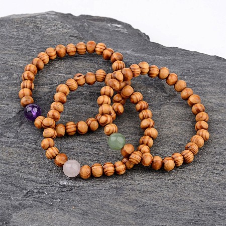 Honeyhandy Round Wood Beaded Stretch Bracelets, with Natural Gemstone Round Beads, 46mm