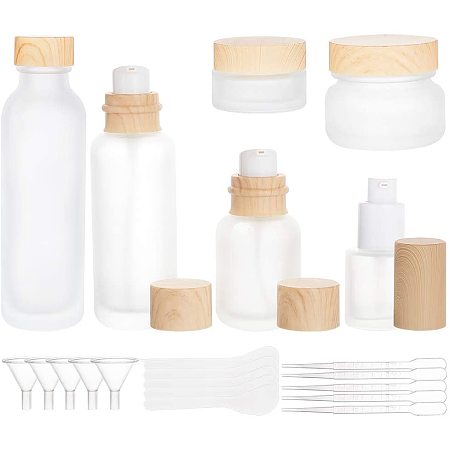 BENECREAT 6 Packs Frosted Glass Lotion Bottle Travel Pump Bottle Cream Jars for Lotion Cream Essential Oil, with Plastic Hoppers and Funnels, Mask Spoons