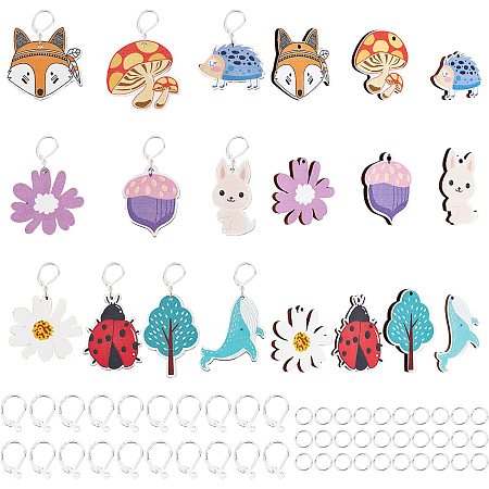 CHGCRAFT 70Pcs 10 Styles Wood Animal Charms Wooden Paint Crafts Colorful Flower Tree Plant Theme Basswood Charms with 20pcs Earring Hoops and 30pcs Open Jump Rings for Earring Jewelry Making