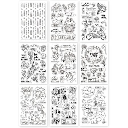 GLOBLELAND 9 Sheets Mixed Theme Silicone Clear Stamps Seal for Card Making Decor and DIY Scrapbooking(Birthday Candles Chicken Easter Basket Journey Valentine's Day Gnomes Movement School Bus Hippo)