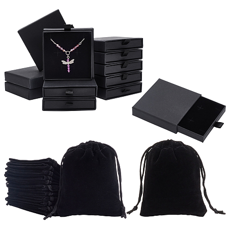 Nbeads 12Pcs Rectangle Velvet Jewelry Drawstring Pouches, with 12Pcs Paper Drawer Boxes, Black, Bag: 10x8x0.4cm
