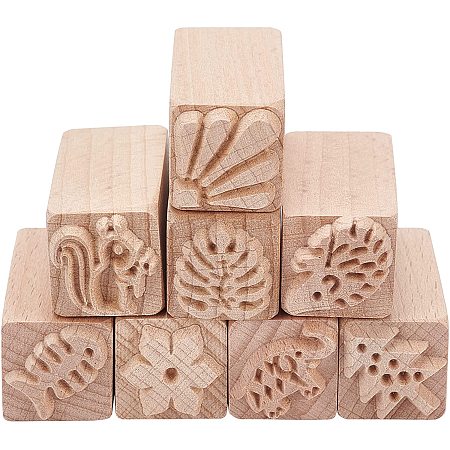 OLYCRAFT 8PCS Wood Pottery Tools Stamps Square Wooden Stamps Natural Wood Stamps with Mixed Patterns for Clay Christmas Birthday Gift, 50 x 20mm(2”x0.7”)