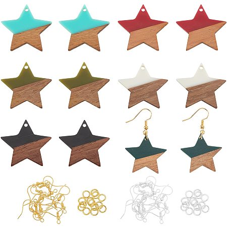 OLYCRAFT 68pcs Star Resin Wooden Earring Pendants 12pcs Resin Wood Earring Makings Kit Wood Earring Accessories with Earring Hooks Jump Rings for Earrings Necklace Making - 6 Colors