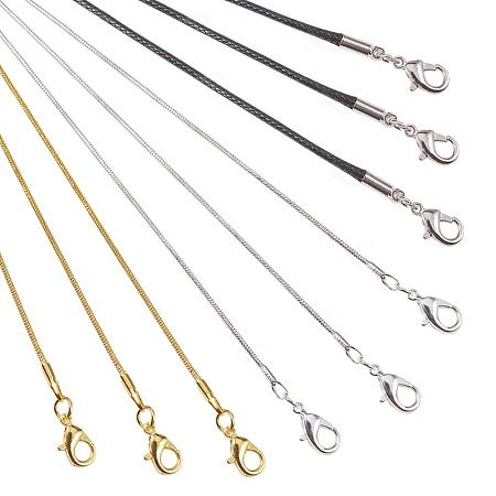 PandaHall Elite 18 pcs 18 Inch Necklace Chains Kit Including 12 pcs 2 Colors 1mm Brass Snake Lobster Claw Clasps Chain with 6 pcs Cotton Wax Cord Lobster Claw Clasps Chin for DIY Jewelry Making