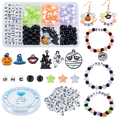 PandaHall Elite DIY Halloween Bracelet Making Kit, Including Acrylic Beads with Letter, Pumpkin & Ghost & Witch Hat Alloy Enamel Pendants, Mixed Color, Beads: 220Pcs/box