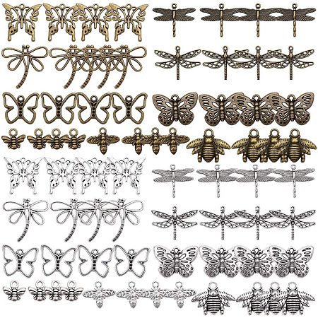 SUNNYCLUE 72Pcs 2 Color Butterfly Charms Dragonfly Bee Insect Pendants Tibetan Style Alloy Charms for Jewelry Findings Making Accessory DIY Necklace Bracelet