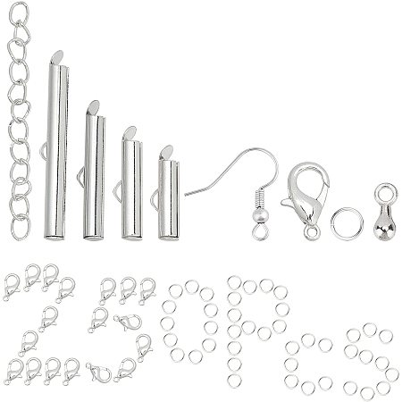 SUNNYCLUE 1 Box 250Pcs 4 Sizes Slide On End Clasps Brass Tubes Bar Finding Kit Metal Slider Caps Crimp Tube with Extender Chains Lobster Claw Clasps for Bracelets Necklaces DIY Crafting, Platinum