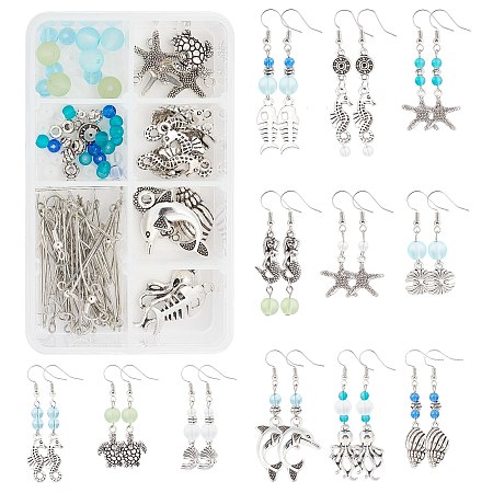 SUNNYCLUE Ocean Fish Pendant Earring DIY Making Kits, Including Alloy Pendants & Links & Spacer Beads, Glass Beads, Brass Jump Rings & Earring Hooks & Pins, Antique Silver, Pendant & Link: 26pcs/set