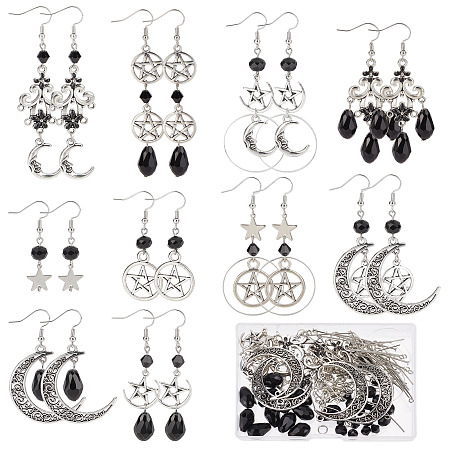 SUNNYCLUE DIY Gothic Earring Making Kit, Including Alloy Star & Moon Pendants, Glass Beads, Brass Link Connectors & Earring Hooks, Black, 148Pcs/box