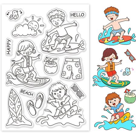PandaHall Elite Sea Surfing Pattern Clear Stamps, Surf/Slippers/Shorts/Drinks/Sunglasses Transparent Rubber Stamps for Scrapbooking Stamps Card Making Photo Card Album Diary Crafting Summer Decor
