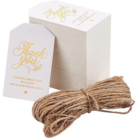 GLOBLELAND 200 Pcs Thank You Gift Tags Gold Foil Paper Gift Tags with 65.6ft Natural Jute Twine for Wedding Favors, Party Decor