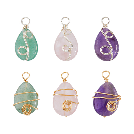 SUPERFINDINGS 4 Sets Natural Mixed Gemstone Pendants, Natural Rose Quartz & Amethyst & Green Aventurine, with Copper Wire Wrapped, Teardrop Charm, Golden & Silver, 24.5x14x7.5mm, Hole: 3.6mm, 3pcs/set