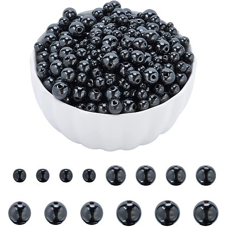 NBEADS 340 Pcs 4 Sizes Synthetical Hematite Beads Strands, 4mm 6mm 8mm 10mm Black Stone Beads Spacer Round Gemstone Loose Beads with 1.5mm Hole for Bracelets Necklace Earring Jewelry Making