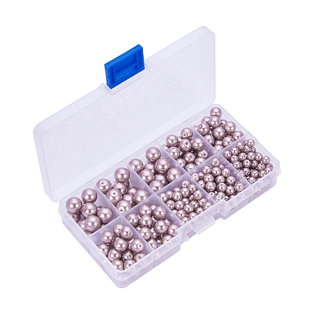 PandaHall Elite 340 Pcs Glass Pearl Round Beads 4mm 6mm 8mm 10mm Various Size Mix Lot Box Set with Container Value Pack Rosy Brown