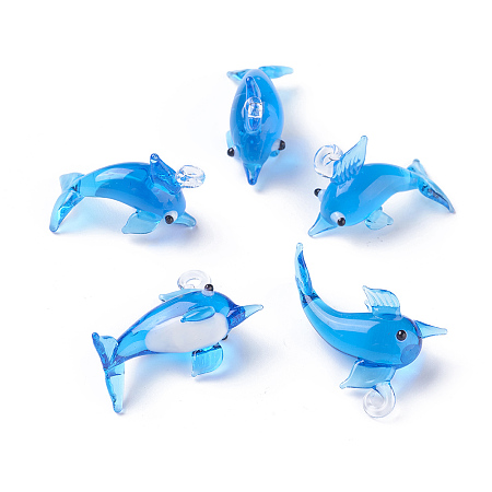Honeyhandy Handmade Lampwork Pendants, Dolphin, Dodger Blue, 27~33x11~14x18~23mm, Hole: 2~4mm