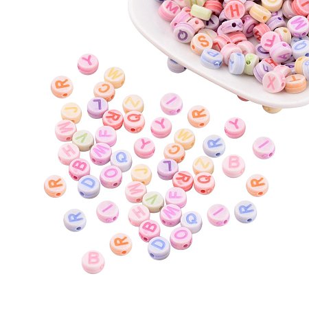 ARRICRAFT 500g Alphabet Acrylic beads, Flat Round, Mixed Color, about 7mm in diameter, 3.5mm thick, hole: 2mm, about 3300pcs/500g