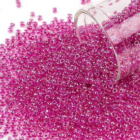 TOHO Round Seed Beads, Japanese Seed Beads, (785) Hot Pink Lined Crystal Rainbow, 11/0, 2.2mm, Hole: 0.8mm, about 1110pcs/bottle, 10g/bottle