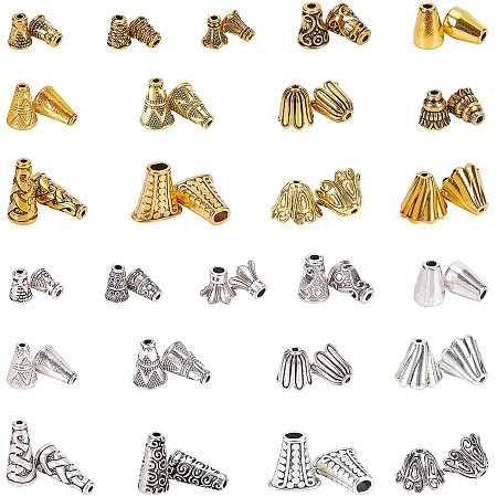 Pandahall Elite 156pcs 13 Styles Flower End Caps Alloy Tassel Bead Cone Spacer Bead Caps Cover for Earring Necklace Jewellry DIY Craft Making, Antique Silver& Antique Gold