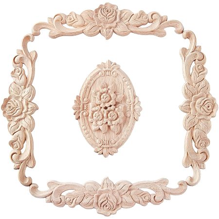 SUPERFINDINGS 5Pcs Wood Carved Onlay Applique Center Flower Long Applique Oval with Flower Solid Wood Applique Inlay Unpainted Onlay Furniture Home Decoration