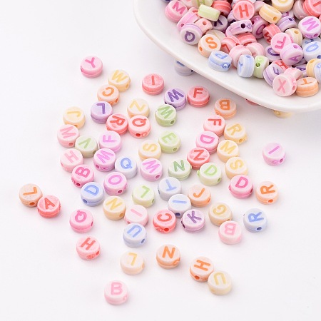 Honeyhandy Initial Acrylic Beads, Flat Round, Mixed Color, about 7mm in diameter, 3.5mm thick, hole: 2mm