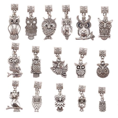 PandaHall Elite 32pcs 16 Styles Owl Alloy Dangle Beads, 5mm Large Hole Tibetan European Charms Pendants Owl Charms Bails for Bracelet Necklace Jewelry Making, Antique Silver