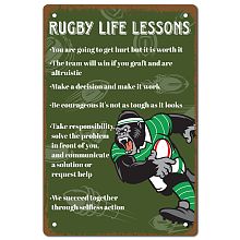 CREATCABIN Rugby Life Lessons Vintage Metal Tin Sign Retro Wall Art Decor House Plaque Poster for Home Bar Pub Garden Kitchen Coffee Garage Decoration 12 x 8 Inch