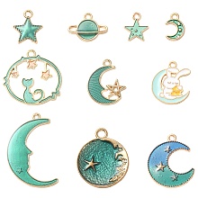 Honeyhandy 10Pcs 10 Style Alloy Enamel Pendants, Moon & Star, Green, 11.5~32x10~23.5x1.5~3mm, Hole: 1.4~3mm, 1pcs/style