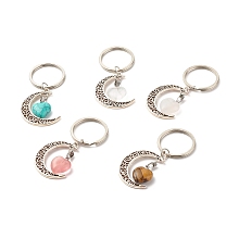 Honeyhandy Gemstone Keychains, with Tibetan Style Alloy Hollow Moon and Heart Gemstone, Brass Jump Rings, Mixed Color, 7.35cm