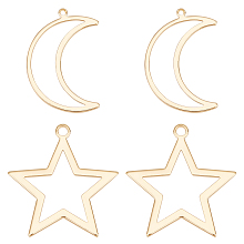 BENECREAT 20Pcs 2 Style 18K Gold Plated Brass Pendants, Hollow Moon and Star Charms Pendant for Necklace DIY Jewelry Making, Hole: 1mm/2mm