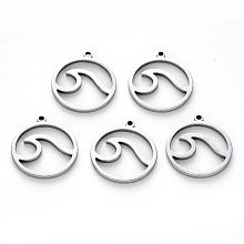 Honeyhandy 304 Stainless Steel Pendants, Laser Cut, Round Ring with Wave, Stainless Steel Color, 17x15x1mm, Hole: 1mm