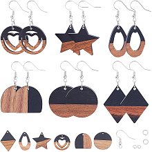 SUNNYCLUE DIY Dangle Earring Making Kits, include Resin & Walnut Wood Pendants, Brass Earring Hooks and Iron Jump Rings, Mixed Shapes, Black, Pendants: 12pcs/box