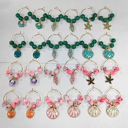 NBEADS 24 Pcs Ocean Theme Wine Glass Charms, Starfish/Shell Wine Charms Rings Cup Tag Identifiers Wine Jewelry Charms for Glasses Tumbler Cup Wine Tasting Party Gift