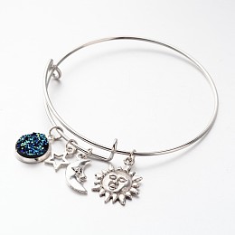 Honeyhandy Adjustable Iron Bangles, with Resin Pendants and Alloy Charms, Sun, Moon and Star, Platinum & Antique Silver, 64mm