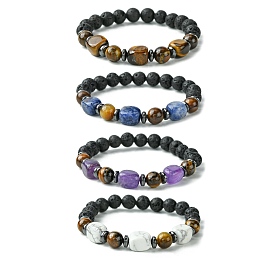 Honeyhandy Natural Mixed Gemstone Cuboid & Lava Rock Round Beaded Stretch Bracelet, Inner Diameter: 2-1/4 inch(5.6cm)