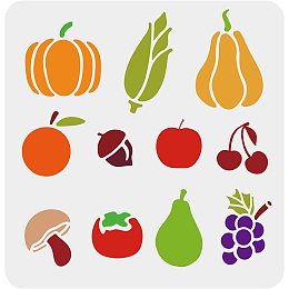 FINGERINSPIRE Fruits Vegetables Stencil 11.8x11.8inch Plastic Orange Apple Cherry Grape Pear Stencils Pumpkin Corn Acorn Tomatoes Mushrooms Stencils for Painting on Wood, Floor, Wall and Tile