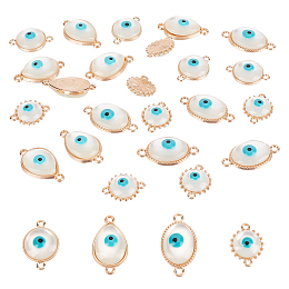 Nbeads 32Pcs 4 Styles Evil Eye Alloy Enamel Connector Charms, Imitation Cat Eye, Flat Round & Oval & Teardrop & Flower, Turquoise, Light Gold, 15~15.5x19~28x5.5~6.5mm, Hole: 1.6~2mm, 8pcs/style