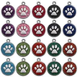 Honeyhandy 20Pcs 10 Colors Enamel Charms, with Platinum Plated Alloy Findings and Glitter Powder, Flat Round with Dog Paw Prints, Mixed Color, 23x19x2.1mm, Hole: 2.1mm, 2pcs/color