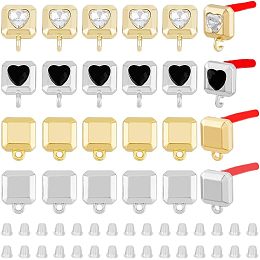 SUPERFINDINGS 24Pcs 4 Styles Alloy Stud Earring Findings with 925 Sterling Silver Pins Square with Heart Rhinstone Earring Studs with Loop Earring Posts with 30Pcs Plastic Ear Nuts for Earring Making