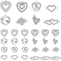 SUPERFINDINGS 32Pcs 8 Style Alloy Rhinstone Heart Pendants Cubic Zirconia Love Charms Platinum Heart Links Connectors Charms for DIY Necklace Bracelet Jewelry Making, Hole: 1.6~2.6mm