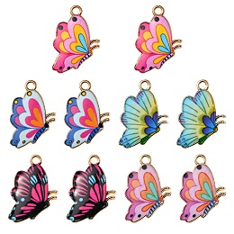 Honeyhandy 10Pcs 5 Colors Printed Alloy Pendants, Light Gold, Butterfly, Mixed Color, 21.5x16.5x1.5mm, Hole: 2mm, 2pcs/color