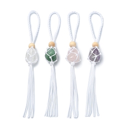 Honeyhandy Natural Gemstone Macrame Pouch Pendant Decorations, with Iron Ring and Wood Bead, Nylon Threads Hanging Decorations, 17.2cm