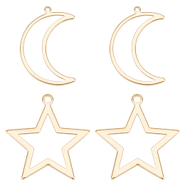 BENECREAT 20Pcs 2 Style 18K Gold Plated Brass Pendants, Hollow Moon and Star Charms Pendant for Necklace DIY Jewelry Making, Hole: 1mm/2mm