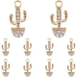 DICOSMETIC 10Pcs Crystal Cactus Charms Micro Pave Clear Cubic Zirconia Charms Rhinestone Plant Charms Real 18K Gold Plated Tropical Summer Charms for Jewelry Making, Hole: 1.5mm