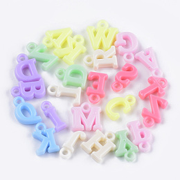 Honeyhandy Opaque Acrylic Pendants, Mixed Letters, Mixed Color, 13~15x6~13x3.5mm, Hole: 2mm, about 2100pcs/500g