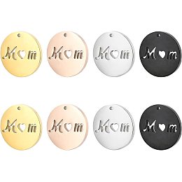 PandaHall Elite 8pcs Mom Charms 304 Stainless Steel Flat Round Pendant 4 Colors Letter Words Charm Dainty Charm for Earring Necklace Bracelet DIY Mother's Day Birthday Jewelry Gift, 20mm