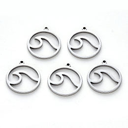 Honeyhandy 304 Stainless Steel Pendants, Laser Cut, Round Ring with Wave, Stainless Steel Color, 17x15x1mm, Hole: 1mm