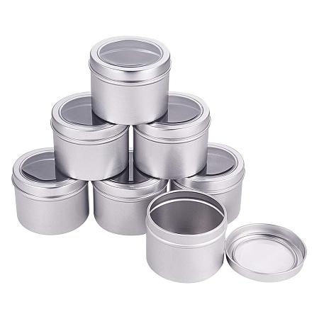 BENECREAT 14 Pack 2 OZ Tin Cans Screw Top Round Aluminum Cans Screw Lid Containers with Clear Window - Great for Store Spices, Candies, Tea or Gift Giving (Platinum)